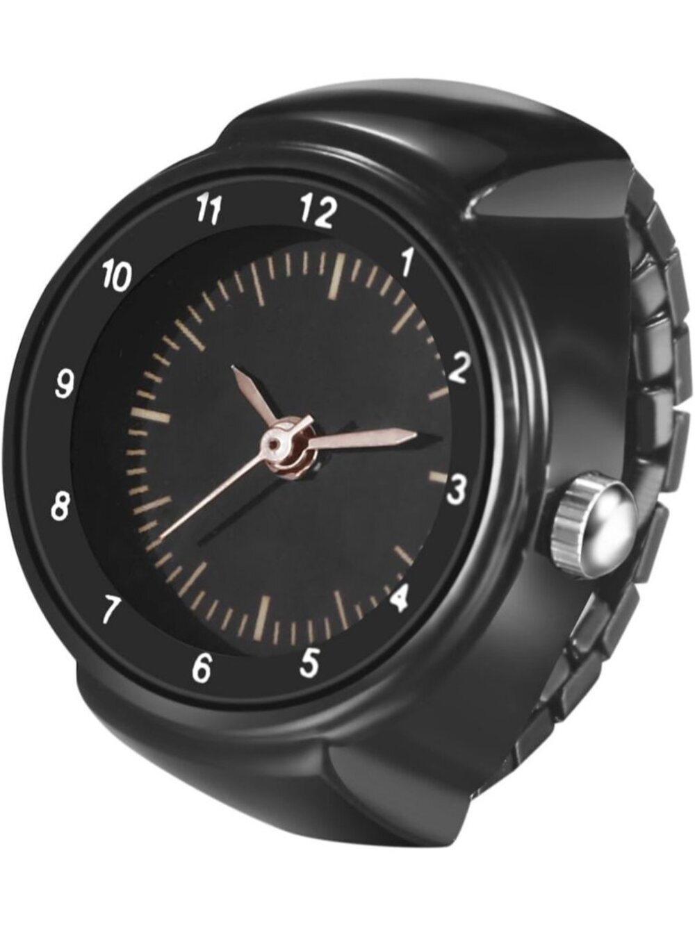 Unisex All Black Analog Quartz Arabic Numerals Stainless Steel Finger Ring Watch